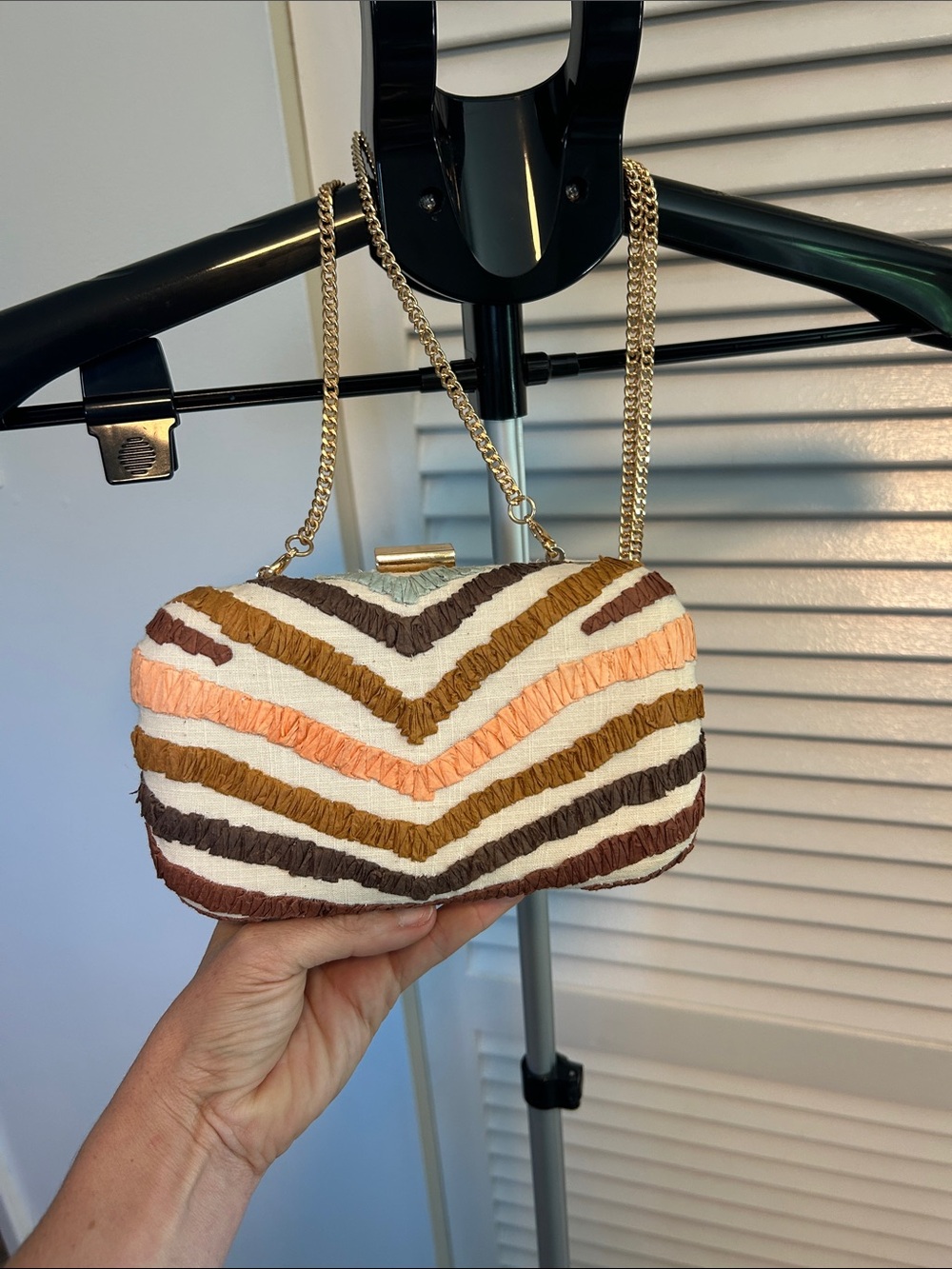Ann Taylor Woven Chevron Clutch Bag with Chain Strap - Cream, Brown & Peach